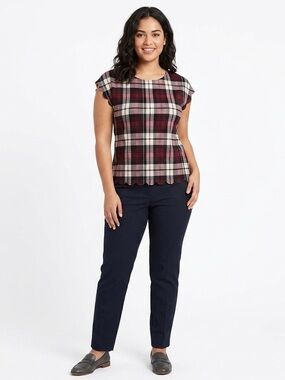 Mandy Evans NWOT Stretchy Short Sleeve Top Plaid Scallop